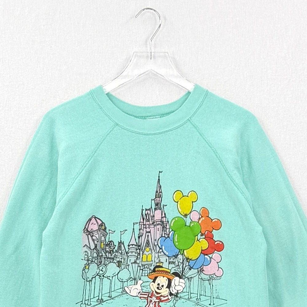 VINTAGE DISNEY Sweatshirt Large Teal Mickey Mouse Castle Balloons Crew Tultex - Picture 4 of 15